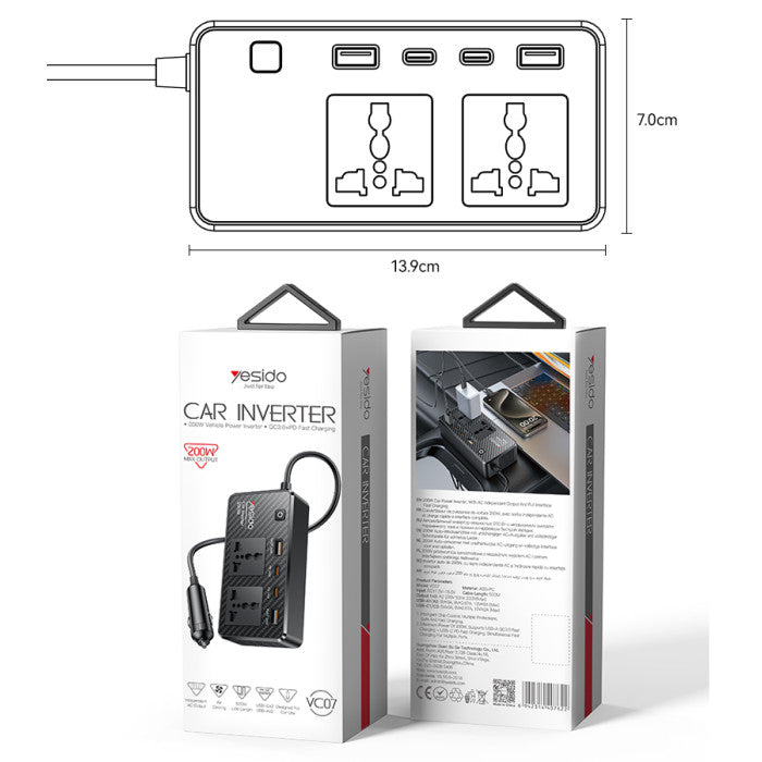 Yesido VC07 200W Adapter Charger Car Inverter
