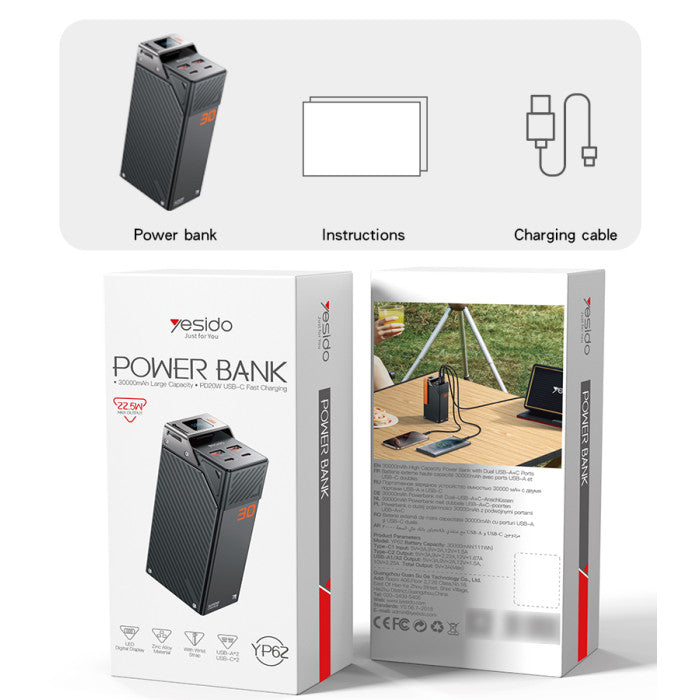 YESIDO YP62 30000mAh 22.5W Fast Charging Large Screen Power Bank