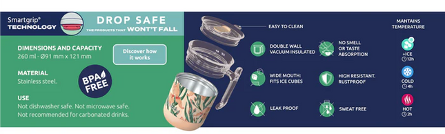 Quokka Drop Safe Thermal Ss Mug Wave Ginkgo Leaves 260 Ml