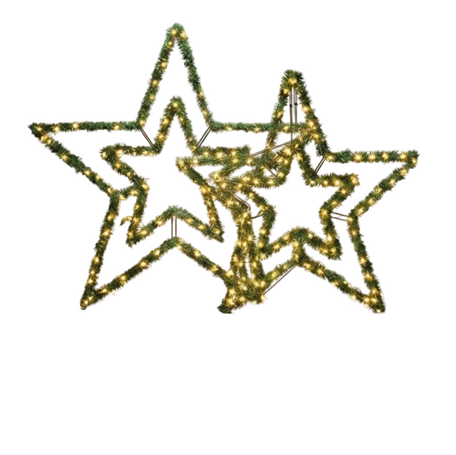 Decorative star lights on a white background with a logo in the corner.