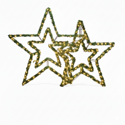Decorative star lights on a white background with a logo in the corner.