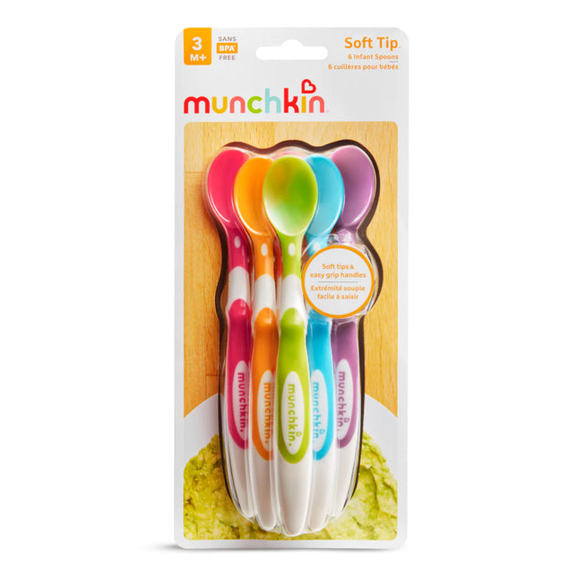 Packaging of Munchkin colorful baby spoons with soft tips on a white background