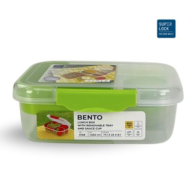 SUPER LOCK 3 Divider Bento Lunch Box Tupperware with Removable Tray, Sauce Cup & Lid