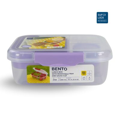SUPER LOCK 3 Divider Bento Lunch Box Tupperware with Removable Tray, Sauce Cup & Lid