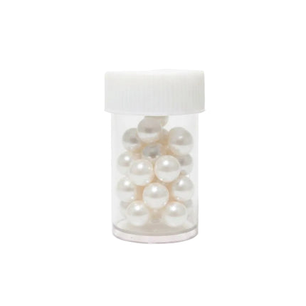 Jar of white pearl beads on a white background with text indicating use for jewelry and crafts.