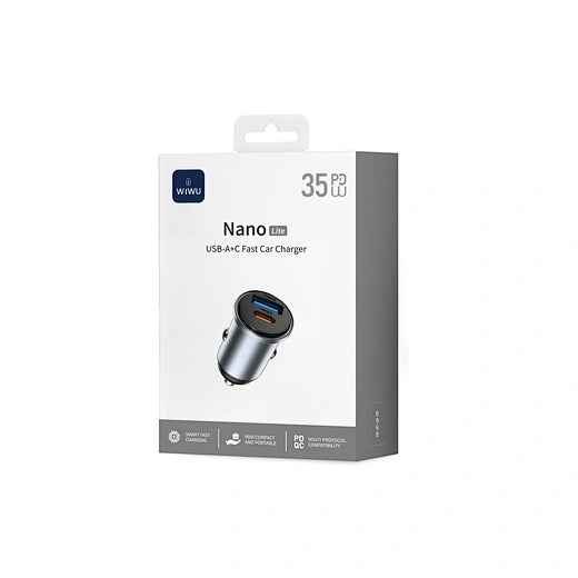 شاحن سيارة WiWU Wi-CC030 Nano Lite بقوة 35 واط بمنفذ USB-C بالإضافة إلى منفذ USB، محول شحن سريع ثنائي المنافذ صغير الحجم بتقنية PPS