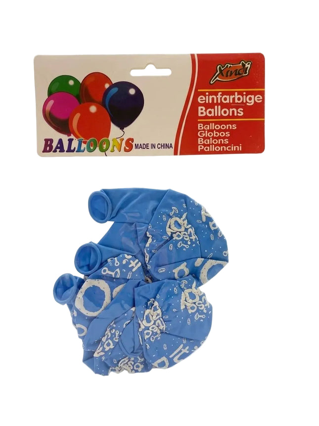 Packaged blue balloons with white patterns on a beige background with red label