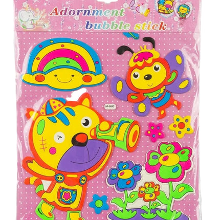 Packaged bubble stickers with cartoon characters on a pink background