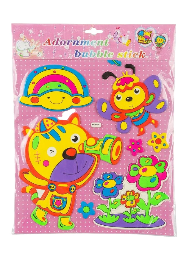 Packaged bubble stickers with cartoon characters on a pink background